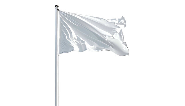 Isolated white flag on a pole, billowing in the wind, against a black background
