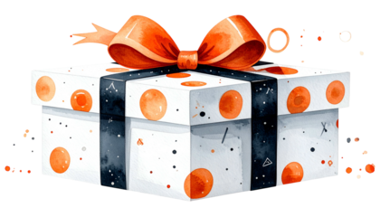 Watercolor gift box with an orange bow and polka dots, black ribbon