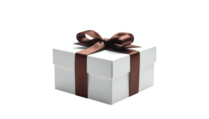 White gift box with a brown ribbon and bow against a black background