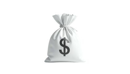 White cloth money bag with dollar sign, tied at top, on black backdrop