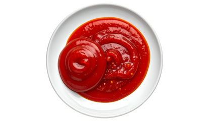 A close-up overhead shot of tomato-based sauce swirled on a white plate