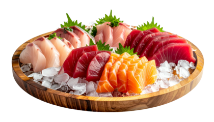 Assortment of fresh sashimi slices, presented on ice within a wooden serving dish