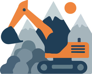 Heavy equipment excavator working on a mountain landscape vector illustration project