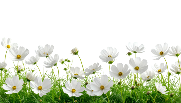 Row of white daisy-like flowers with yellow centers against a black background - Powered by Adobe
