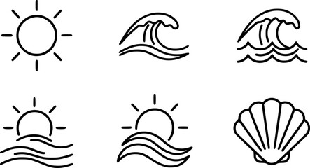 Minimalist sun and sea icons set - black and white linear designs
