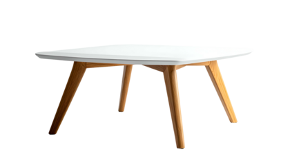 Triangular white-topped coffee table with wooden legs, isolated on black background