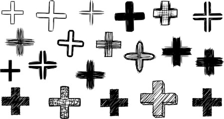 Set of plus signs in various hand drawn styles on white background
