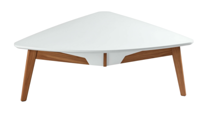 Angled, white-topped coffee table with wooden legs, tri-pod design