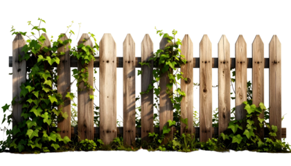 Wooden picket fence with vibrant green ivy, suggesting a secluded, overgrown garden scene