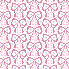 Pink bow and small floral seamless pattern. Feminine decorative repeating background for textile, wrapping paper or invitation.
