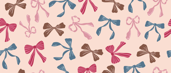 Creative seamless pattern with pink, blue and brown bows on a light background. Artistic decorative design for textile print, wrapping paper or fabric.
