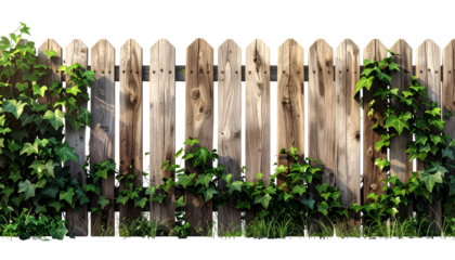 Weathered wooden picket fence adorned with ivy, casting shadows on a grassy base
