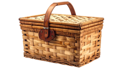 A classic wicker picnic basket with a leather handle and a closed, woven lid