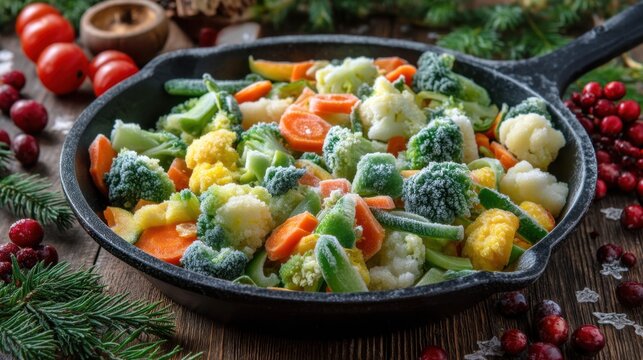 A mix of frozen vegetables is arranged in a cast iron skillet sitting on a wooden table. Surrounding the skillet are pine branches and red berries. It is a cozy kitchen setting.
