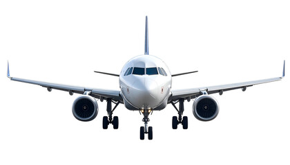 Fototapeta premium Front-facing airplane on a dark background, showing engines, wings, and landing gear