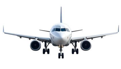 Front-facing airplane on a dark background, showing engines, wings, and landing gear