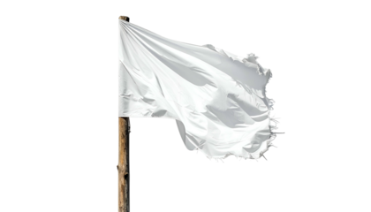 A white flag waves against a black background, secured to a wooden pole, showing movement