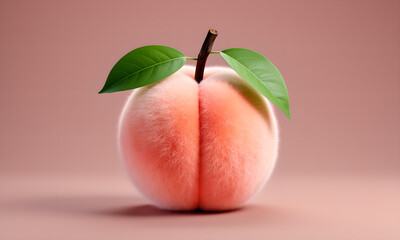 Vibrant Fluffy Peach with Green Leaves on Soft Pink Background, Emphasizing Natural Freshness and Health.