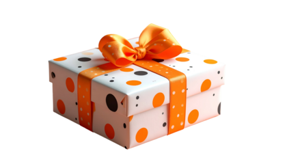 Square gift box with patterned white paper, orange ribbon, and bow on a black background