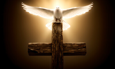 Divine white dove with open wings perching on a rustic wooden cross against glowing spiritual light.