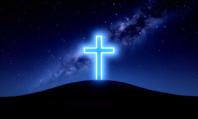 Glowing spiritual cross on dark hill under a beautiful starry night sky.