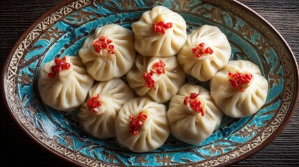 A plate holds several dumplings topped with red bits prepared for sharing. The setting shows a cozy kitchen with warm colors indicating a festive occasion.