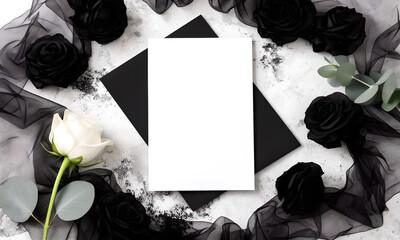 Elegant blank white card mockup with black roses, white bloom, and eucalyptus on concrete.