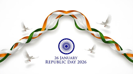 Indian Republic Day Banner With Abstract Tricolor Ribbon Arch Ashok Chakra And White Flying Dove Bird