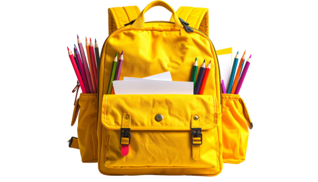 Bright yellow backpack filled with colorful pencils and white papers, ready for school - Powered by Adobe
