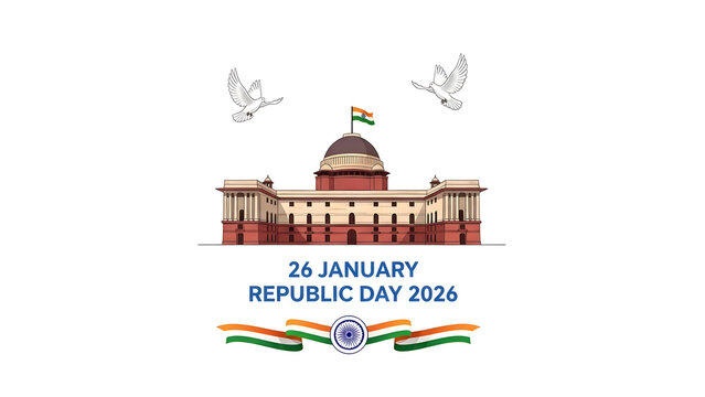 Indian Republic Day Banner Showing Rashtrapati Bhavan Building With White Flying Dove Bird On Clean Background