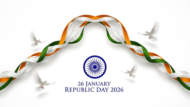 Indian Republic Day Banner With Abstract Tricolor Ribbon Arch Ashok Chakra And White Flying Dove Bird