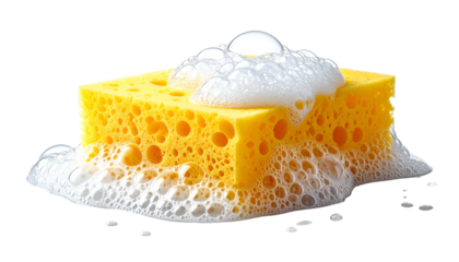 Close-up of a yellow kitchen sponge saturated with bubbly, white soap suds, isolated on black