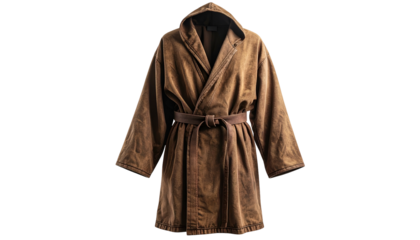 A brown, hooded robe with a belt is displayed against a black background