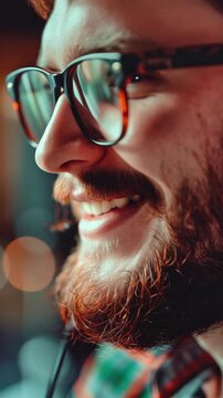 A close-up portrait of a bearded man wearing glasses. He appears deep in thought or observing something intently.