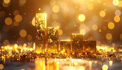 Golden Graph of Growth: A shimmering golden graph displays ascending columns against a backdrop of shimmering bokeh, representing financial progress and economic success. 