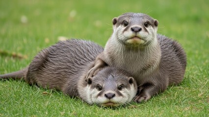 Two otters resting together on green grass outdoors