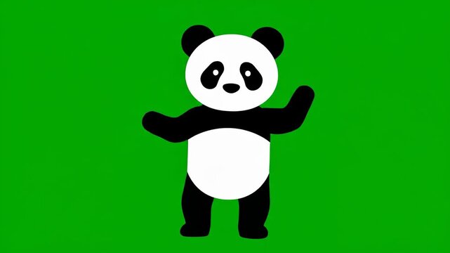 A cartoon panda bear standing with outstretched arms against a solid green background with a simple composition.