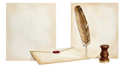 A blank paper and a square with feather pen, envelope with a wax seal, and a wooden stamp