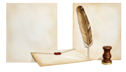 A blank paper and a square with feather pen, envelope with a wax seal, and a wooden stamp