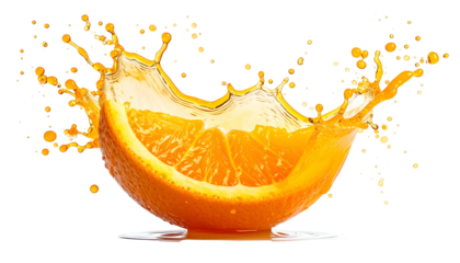 Vibrant orange slice erupting with juice, creating a dynamic splash effect against black