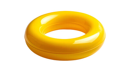 Bright yellow, ring-shaped flotation device, isolated against a black background