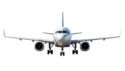 Naklejka premium A wide, frontal perspective of a white jet aircraft against a black background