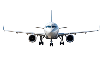 A wide, frontal perspective of a white jet aircraft against a black background