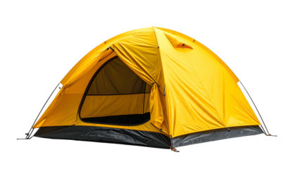 A bright yellow, dome-shaped camping shelter, isolated against a black background