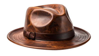 A detailed studio shot of a brown, leather fedora hat on a transparent background