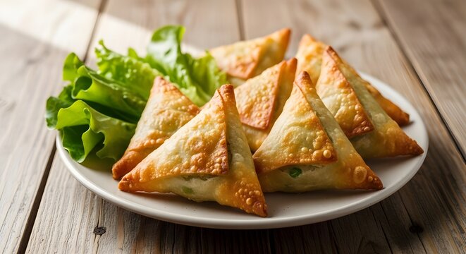 Delicious golden brown samosas served on a white plate with fresh lettuce garnish on a rustic wooden table. Perfect crispy Indian snack photography.