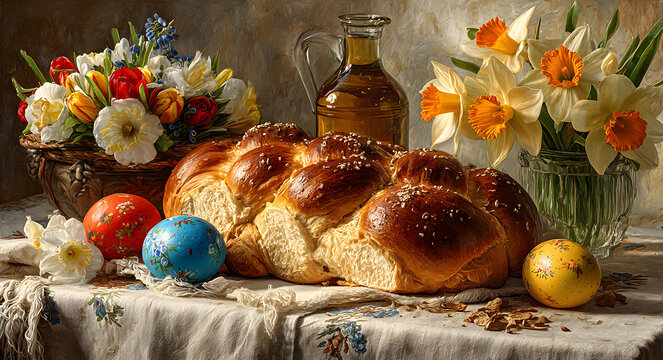 Traditional greek easter bread tsoureki with colorful eggs on a festive spring table.