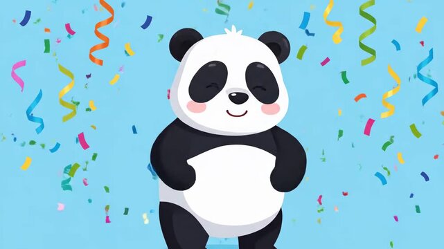 A cheerful cartoon panda standing with arms crossed surrounded by colorful confetti and ribbons on a light blue background.
