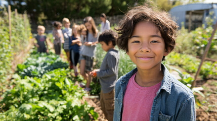 Closeup of diverse group of young kids smiling organic gardeners with defocused children community farm healthy nature background with copy space