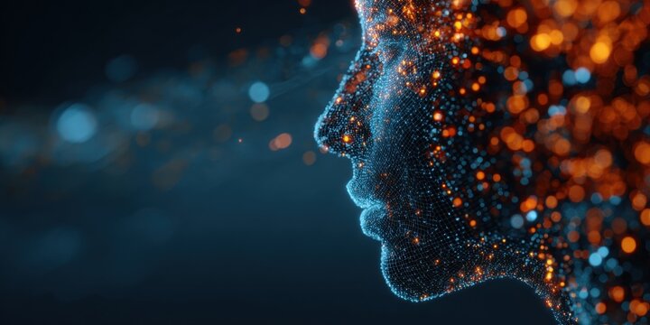 Abstract Digital Human Head Silhouette Created by Sparkling Blue and Orange Data Particles - Machine Learning and Neural Network Background
